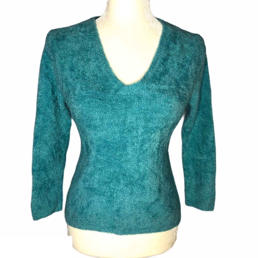 Shu Shu Teal Form Fitting Soft Fuzzy Sweater